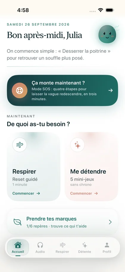 Accueil de Respire : « De quoi as-tu besoin ? » avec les cartes Respirer et Me détendre, et l’accès au mode SOS.