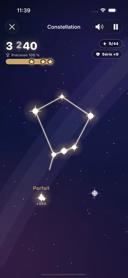 Jeu Constellation de Respire : étoiles reliées pour dessiner une constellation.