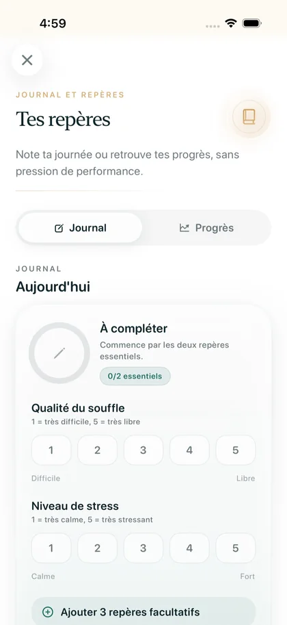 Journal de Respire : « Tes repères », qualité du souffle et niveau de stress notés de 1 à 5.
