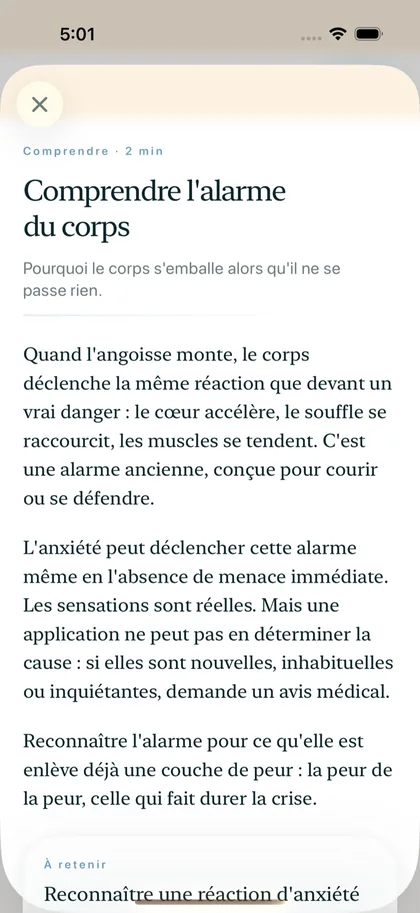 Leçon « Comprendre l’alarme du corps » dans Respire : pourquoi le corps s’emballe alors qu’il ne se passe rien.