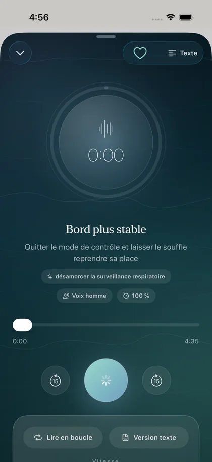 Lecteur audio de Respire : séance « Bord plus stable », voix homme, lecture en boucle, version texte et vitesse.