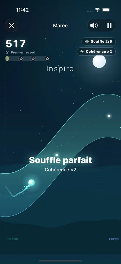 Jeu Marée de Respire : une perle suit la vague au rythme de la respiration.