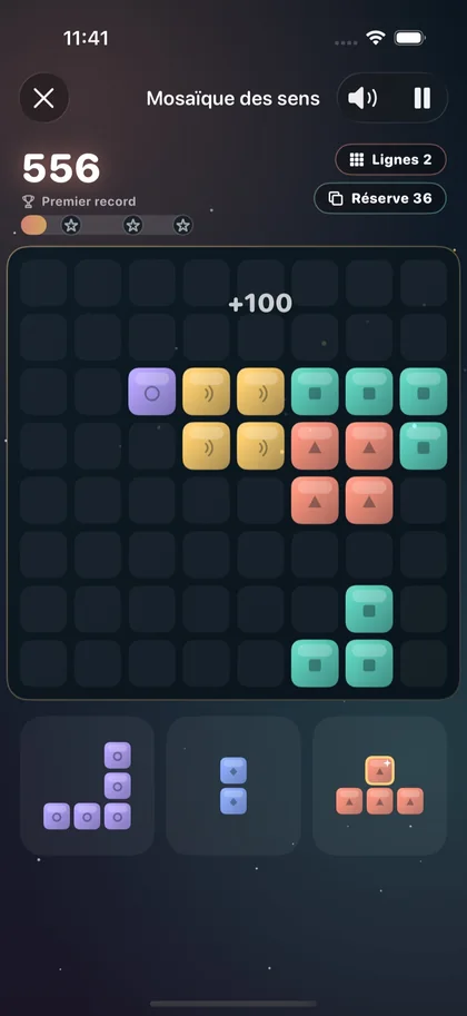 Jeu Mosaïque des sens de Respire : tesselles colorées posées sur une grille.