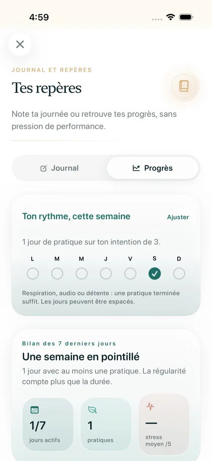 Progrès dans Respire : rythme de la semaine et bilan des sept derniers jours.