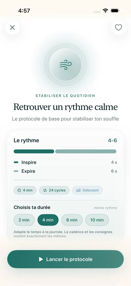 Fiche du protocole « Retrouver un rythme calme » dans Respire : rythme 4-6, cycles et choix de la durée.