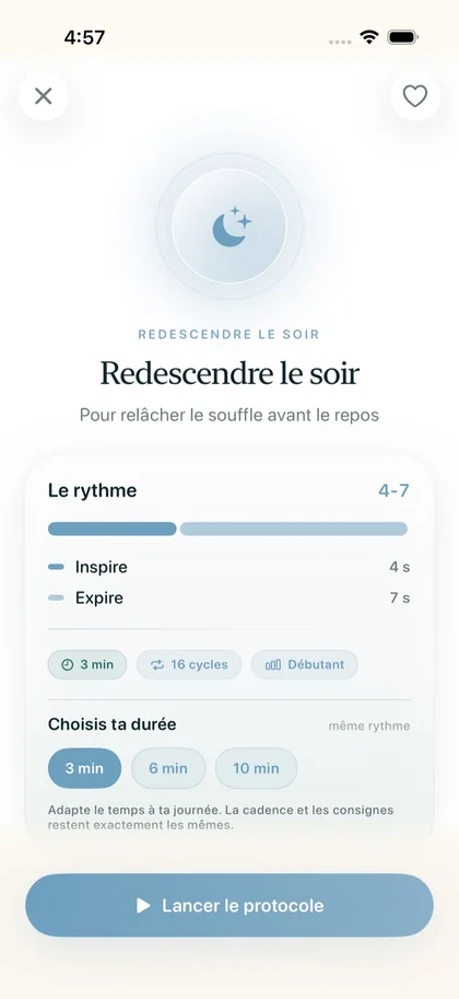 Fiche du protocole « Redescendre le soir » dans Respire : rythme 4-7 et durées de 3 à 10 minutes.