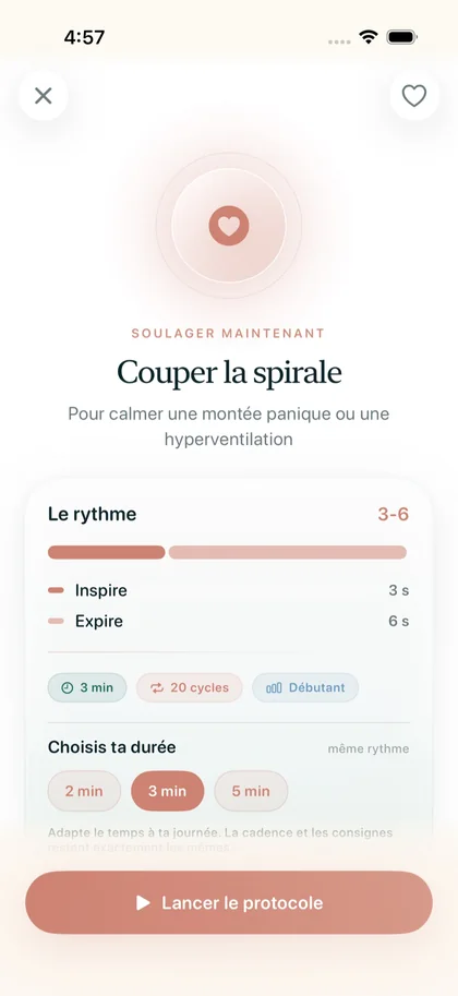 Fiche du protocole « Couper la spirale » dans Respire : rythme 3-6, inspiration 3 s, expiration 6 s, lancement du protocole.