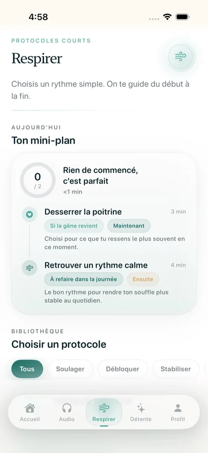 Onglet Respirer de Respire : mini-plan du jour et protocoles courts.