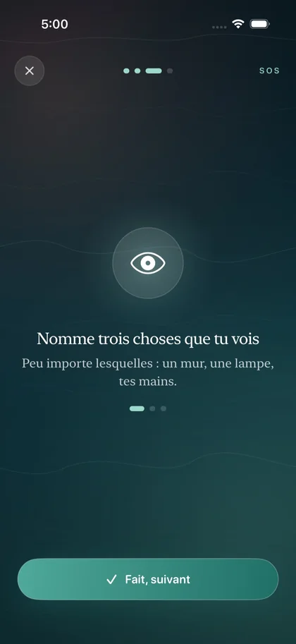Mode SOS de Respire, étape 3 : « Nomme trois choses que tu vois ».