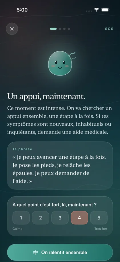 Mode SOS de Respire : écran « Un appui, maintenant » avec la mascotte Galet et une phrase d’appui.