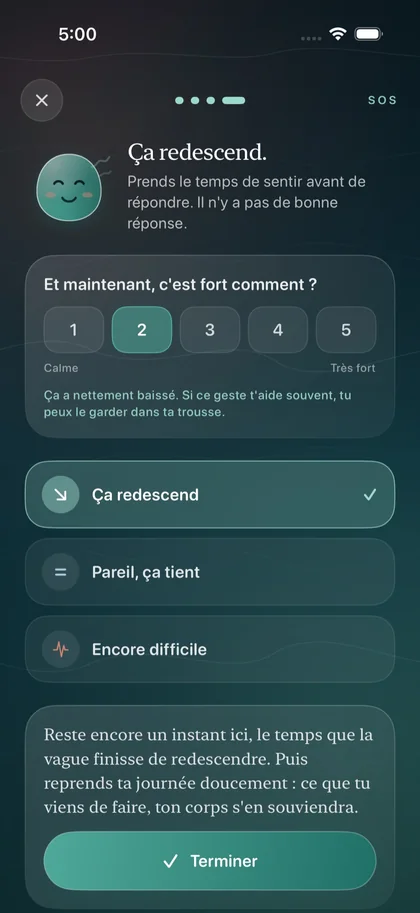 Mode SOS de Respire, étape 4 : « Ça redescend » et nouvelle évaluation de l’intensité.
