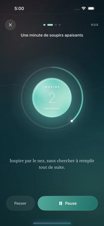 Mode SOS de Respire, étape 2 : une minute de soupirs apaisants guidée par le cercle de respiration.