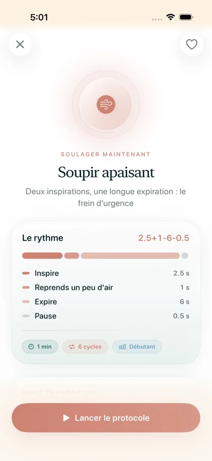 Fiche du protocole « Soupir apaisant » dans Respire : rythme 2,5 + 1 - 6 - 0,5 et lancement du protocole.
