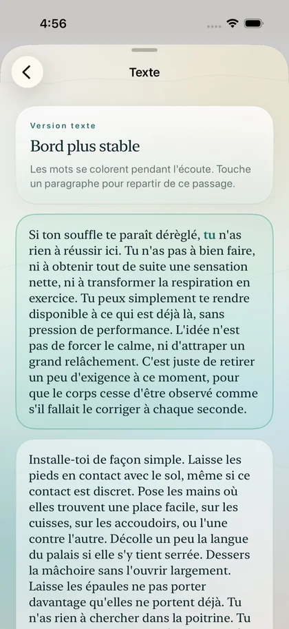 Version texte d’une séance dans Respire : les mots se colorent pendant l’écoute.