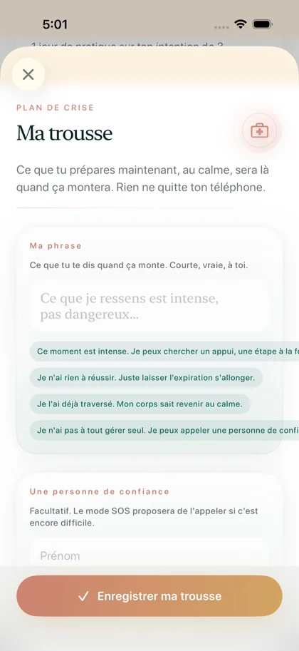 « Ma trousse » dans Respire : la phrase d’appui et une personne de confiance, préparées au calme.