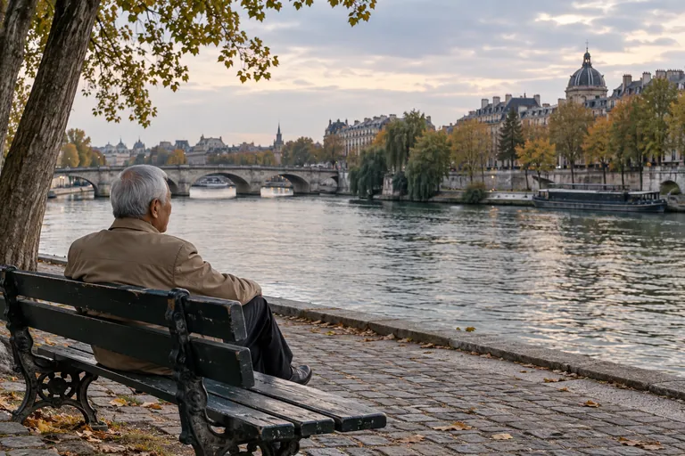 Un homme aux cheveux gris est assis face à une rivière