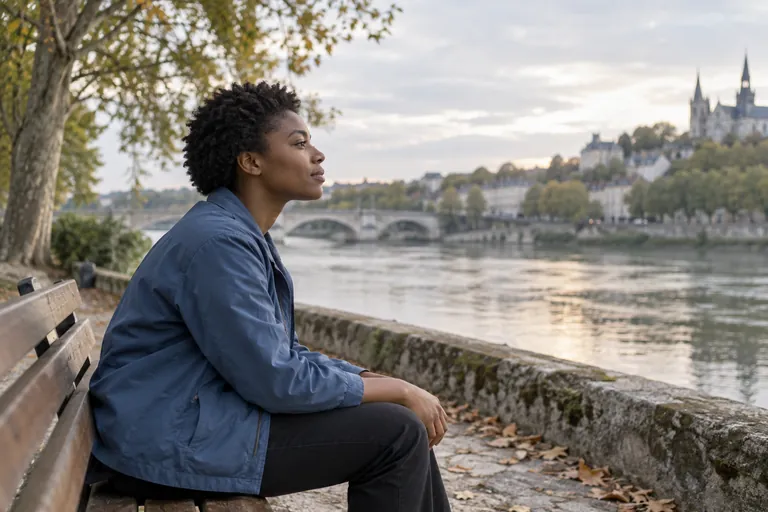 Une femme est assise sur un banc au bord d’une rivière