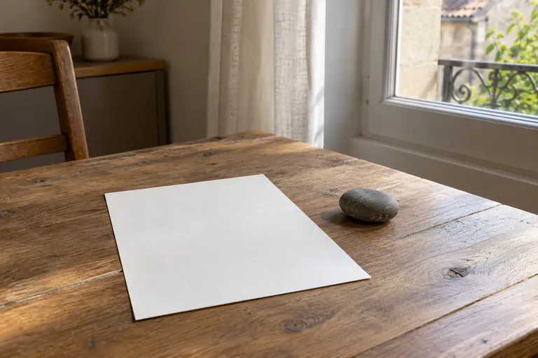 Une feuille vierge et un galet reposent sur une table en bois