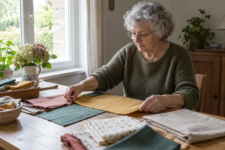 Une femme organise des pièces de tissu près d’une fenêtre