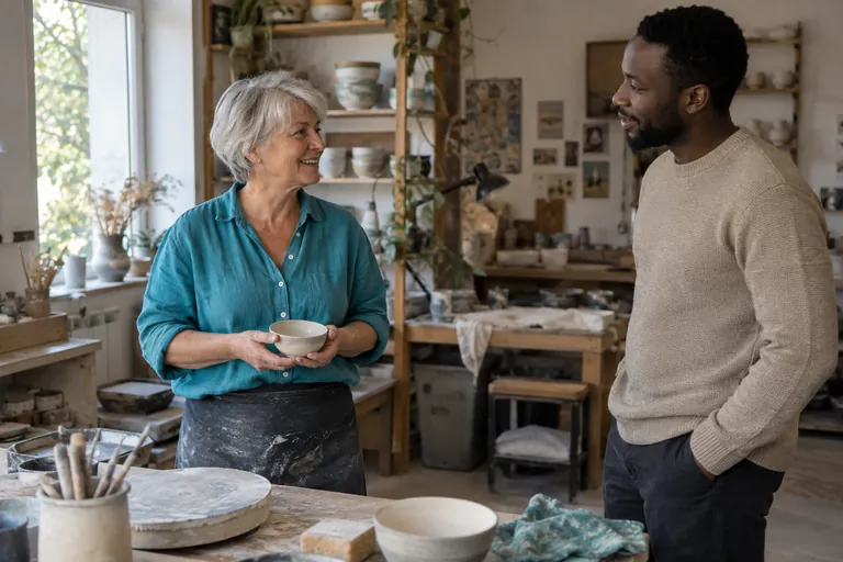 Une femme tenant un bol en céramique échange avec un homme dans un atelier.