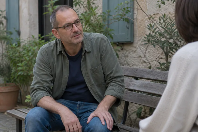 Un homme portant des lunettes écoute une personne face à lui, assis sur un banc.