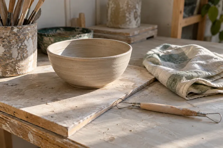 Un bol en céramique, un outil de modelage et un tissu reposent sur un établi.