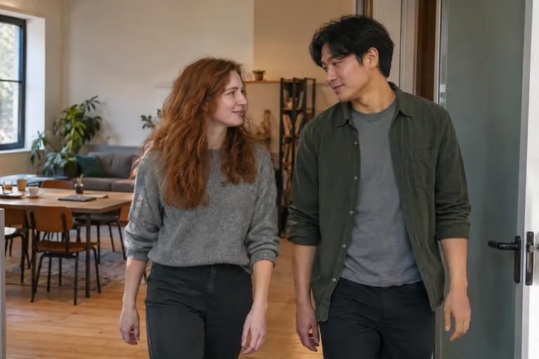 Deux adultes échangent un regard en passant une porte.