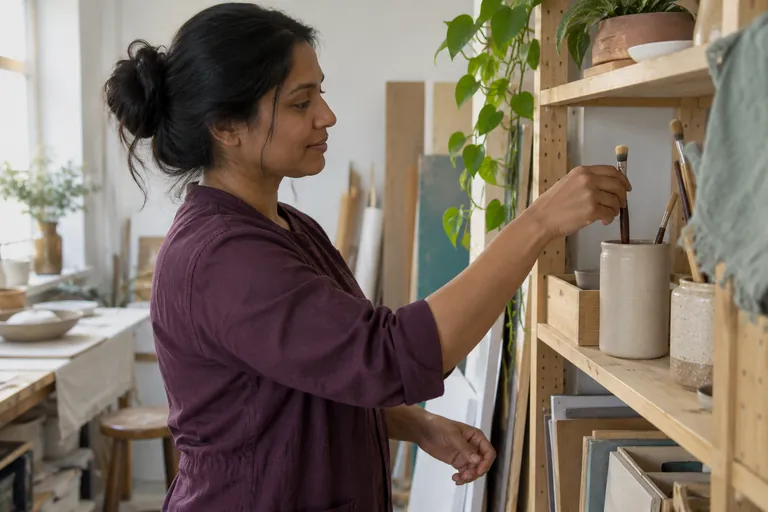 Une femme range un pinceau dans un pot sur une étagère d’atelier.
