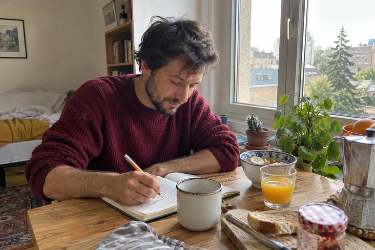 Un homme écrit dans un carnet au petit-déjeuner
