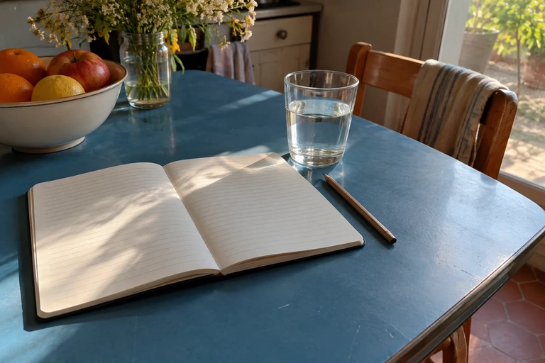 Un carnet ouvert et un crayon sont posés sur une table de cuisine