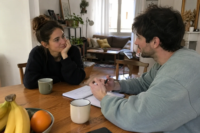 Deux adultes discutent avec un carnet posé entre eux