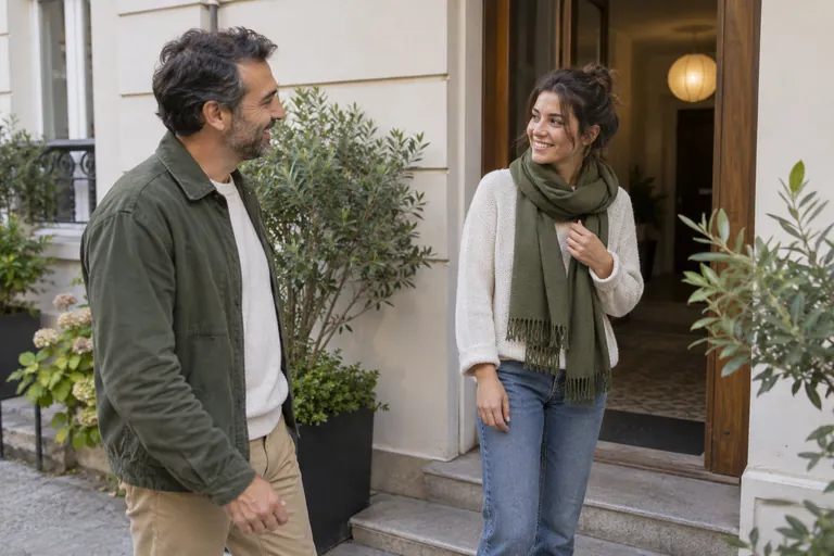 Deux adultes échangent devant l’entrée d’un immeuble
