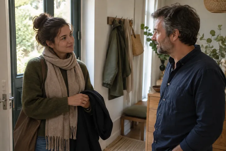Une femme et un homme discutent dans une entrée