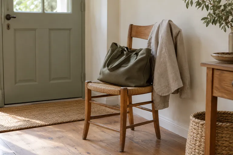 Un sac et une veste sont posés sur une chaise près d’une porte