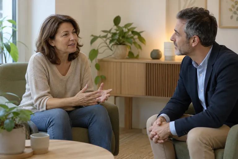 Une femme échange avec un homme assis dans un cabinet sobre