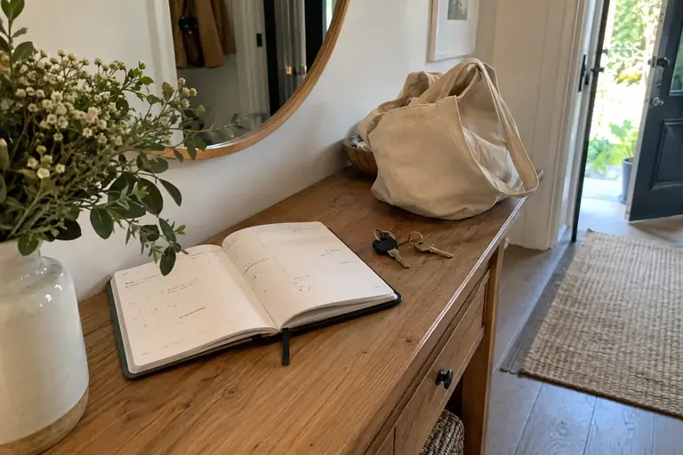Un carnet de rendez-vous sans informations lisibles, deux clés et un sac sur une console d’entrée