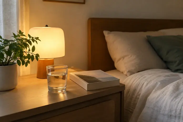 Un verre d’eau et un livre sur une table de nuit éclairée par une lampe douce