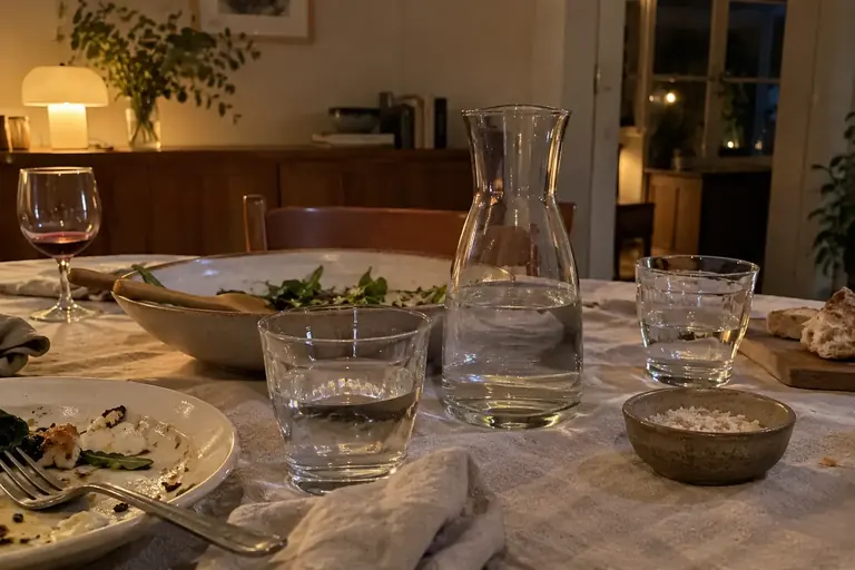 Une carafe et des verres d’eau sur une table de repas, avec un verre de vin laissé de côté