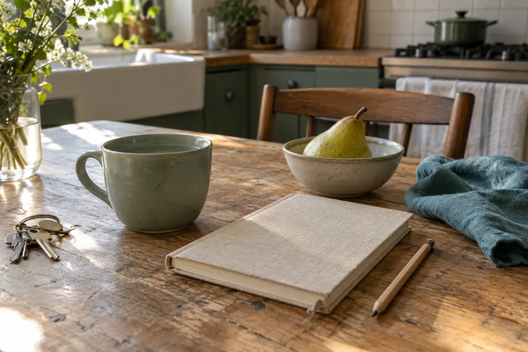 Un carnet sans écriture, une tasse et des clés sont posés sur une table en bois