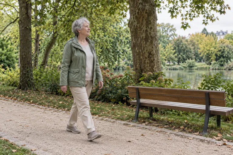 Une femme aux cheveux gris marche sur une allée dans un parc au matin