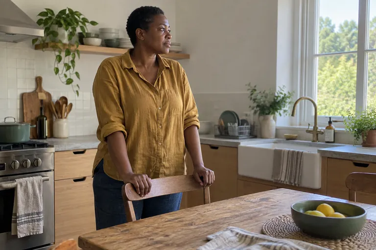 Une femme appuie les mains sur le dossier d’une chaise et regarde par la fenêtre de la cuisine.