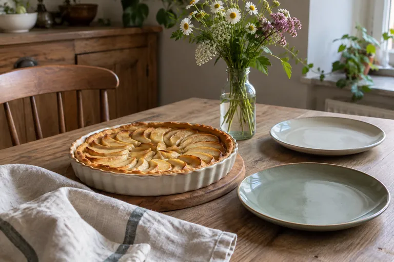 Une tarte, deux assiettes et un vase de fleurs sont posés sur une table.