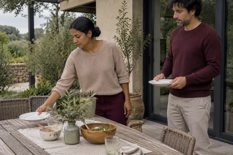 Deux adultes disposent des assiettes sur une table de terrasse.