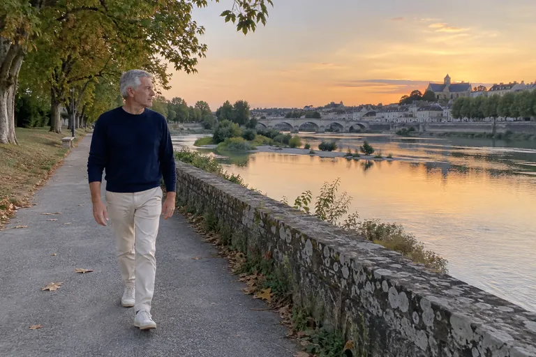 Un homme marche le long d’une rivière au coucher du soleil.