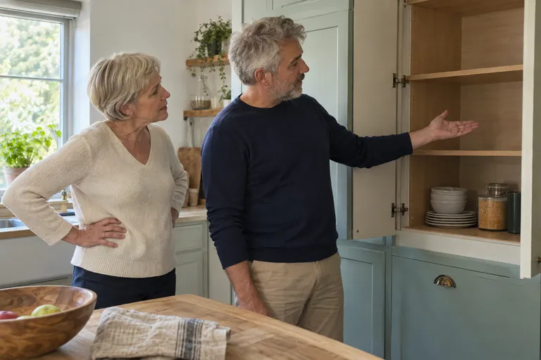 Deux adultes regardent un placard ouvert, un homme indiquant une étagère vide.