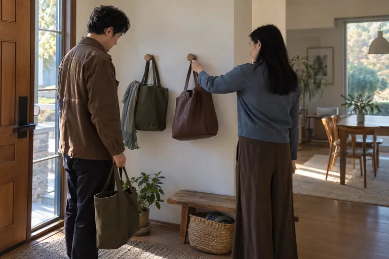 Une femme tient un sac à une patère tandis qu’un homme porte un autre sac près de la porte.