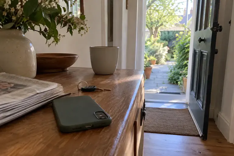 Un téléphone posé écran contre la table près d’un journal fermé et d’une clé, devant une porte ouverte sur l’extérieur