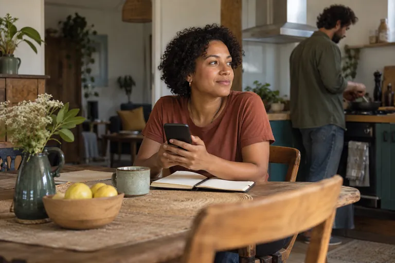 Une femme tient un téléphone devant un carnet ouvert sur une table