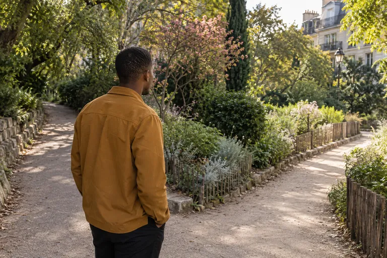 Un homme en veste ocre observe deux allées dans un jardin public