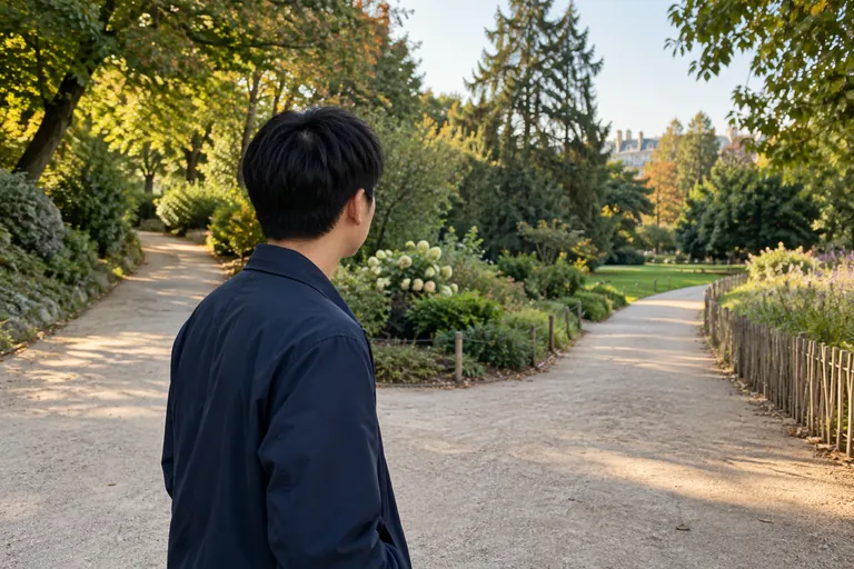 Un homme en veste bleue observe une bifurcation dans un parc